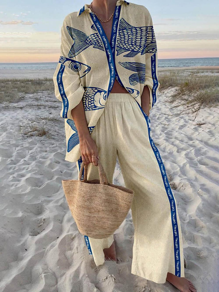 Mae | Island Style Ocean Print Oversized Shirt and Elastic Waist Pocket Pants Set