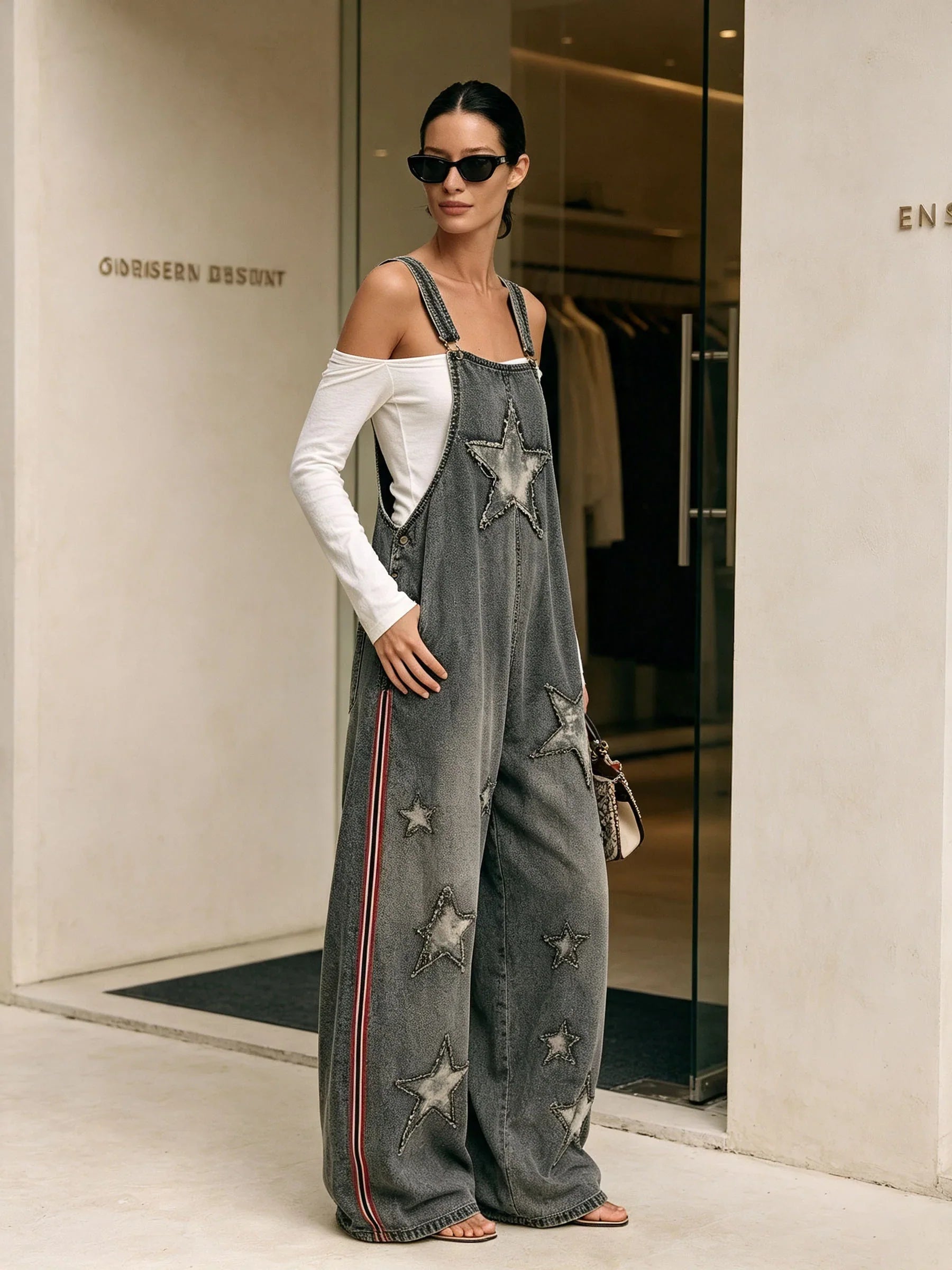 Star Patch Raw Edge Washed Denim Overalls