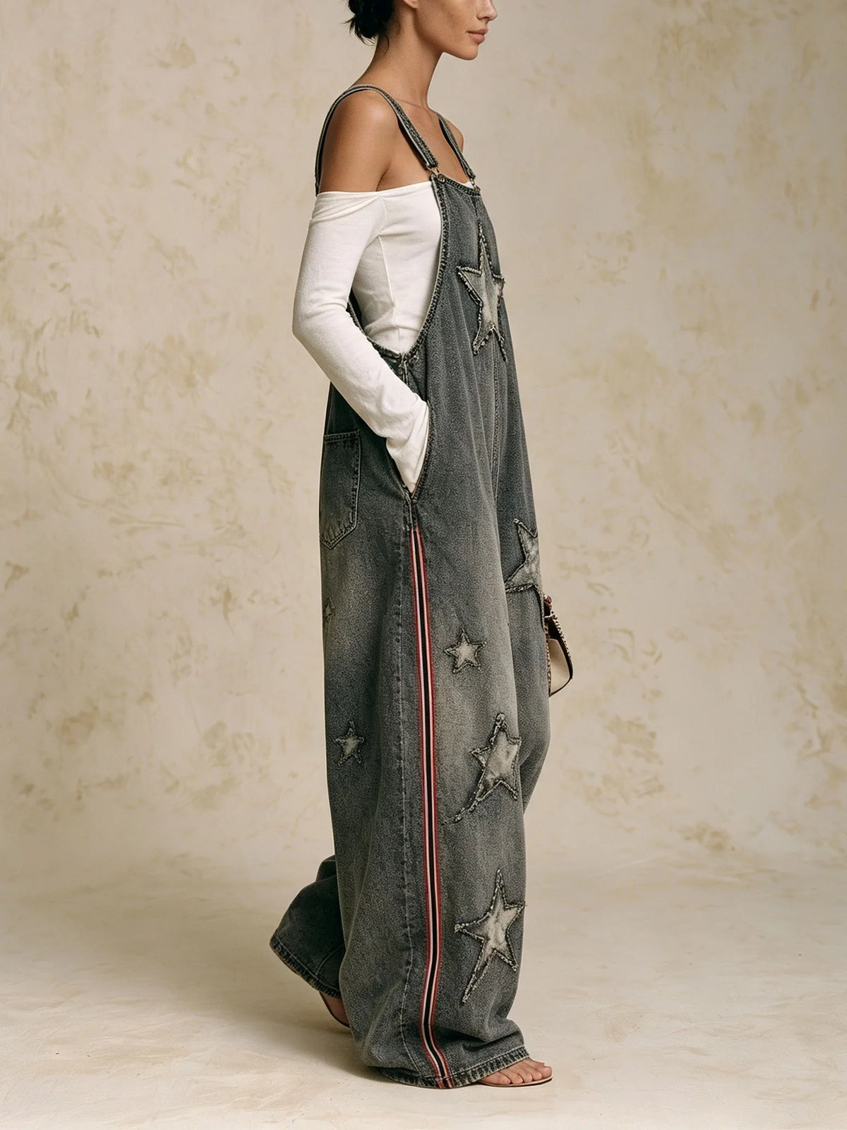 Star Patch Raw Edge Washed Denim Overalls