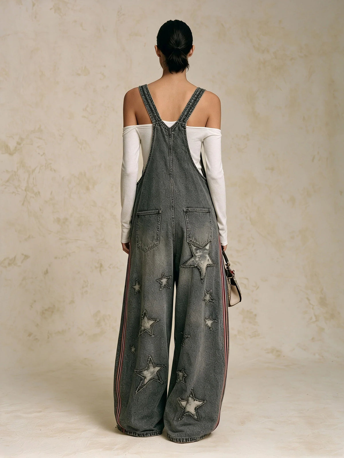 Star Patch Raw Edge Washed Denim Overalls