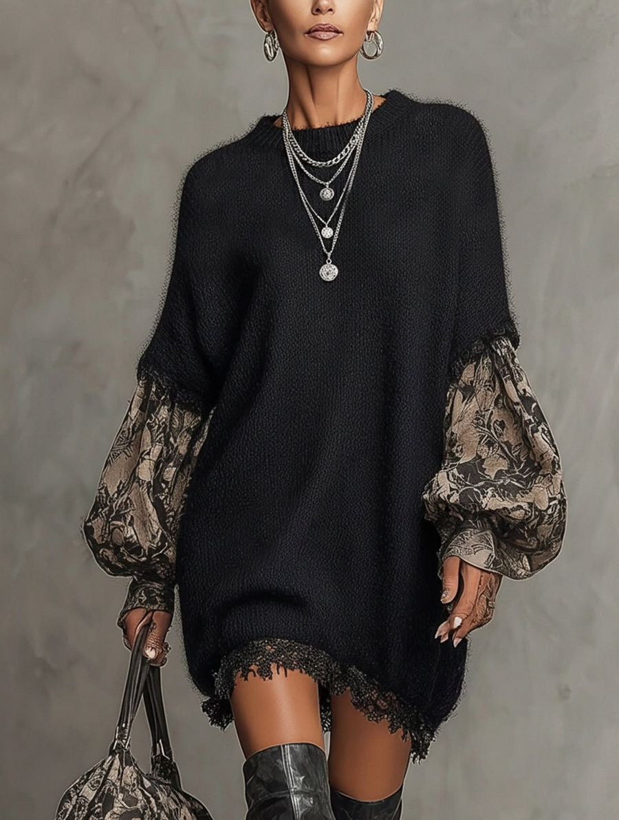 Black Printed Long Sleeve Lace Detail Loose Mini Dress