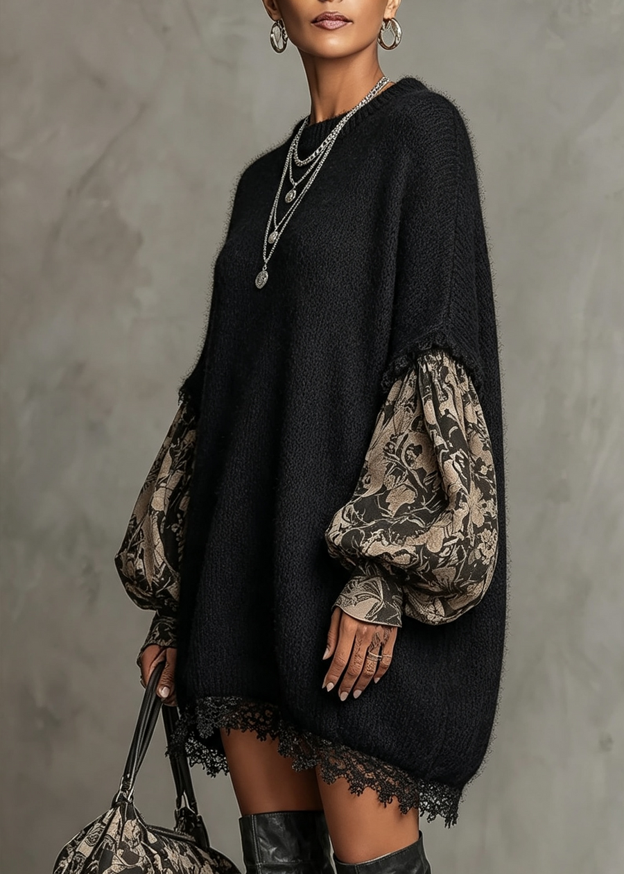 Black Printed Long Sleeve Lace Detail Loose Mini Dress
