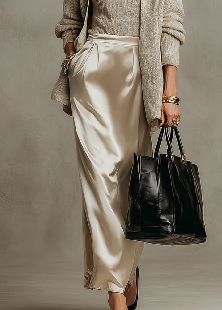 Beige Knit Coat Top & Satin Maxi Dress 3‑Piece Set