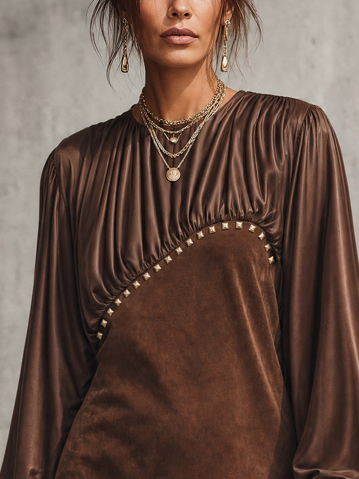Brown Satin Splice Faux Suede Gold Studded Mini Dress