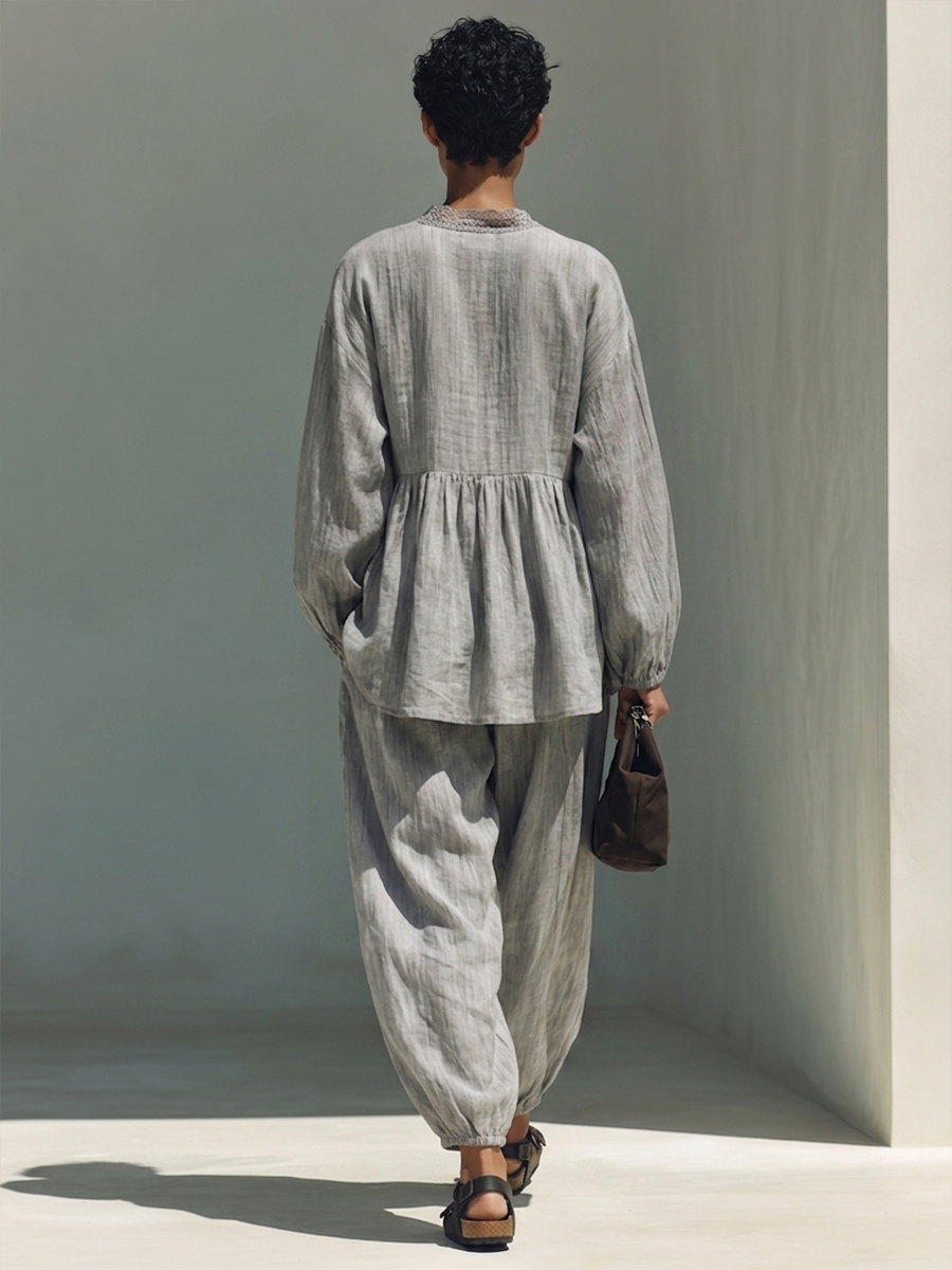 Grey V-Neck Lace-Trimmed Top And Elastic Cuff Pants Linen Two‑Piece Set