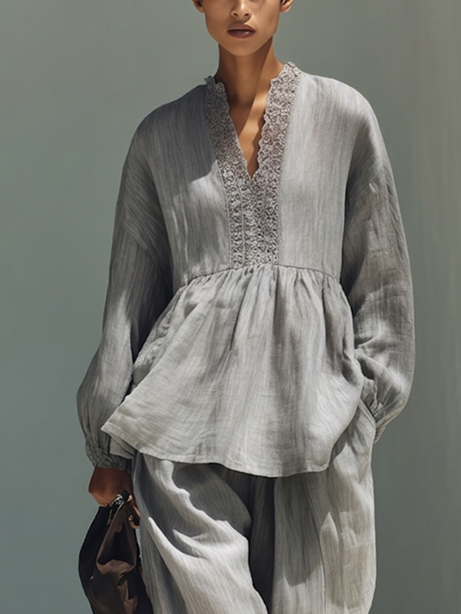 Grey V-Neck Lace-Trimmed Top And Elastic Cuff Pants Linen Two‑Piece Set