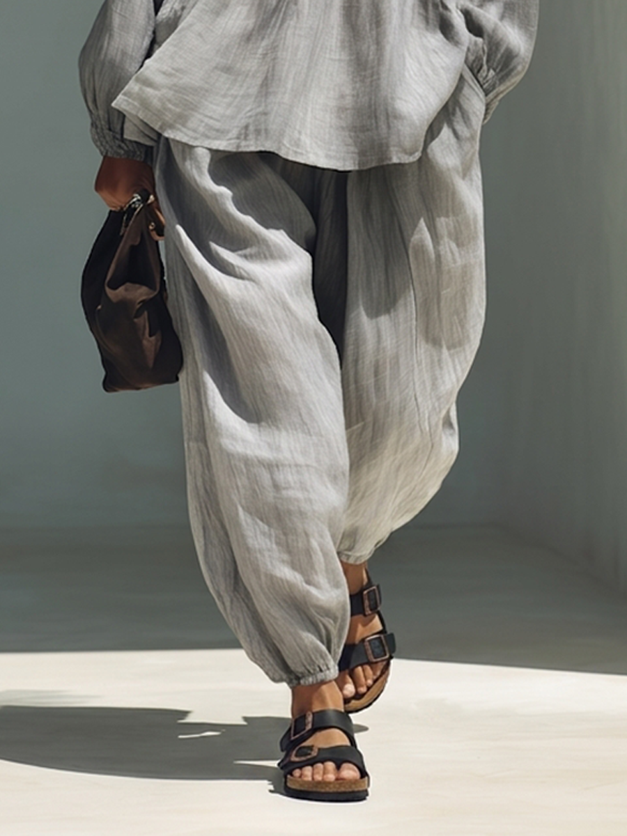 Grey V-Neck Lace-Trimmed Top And Elastic Cuff Pants Linen Two‑Piece Set