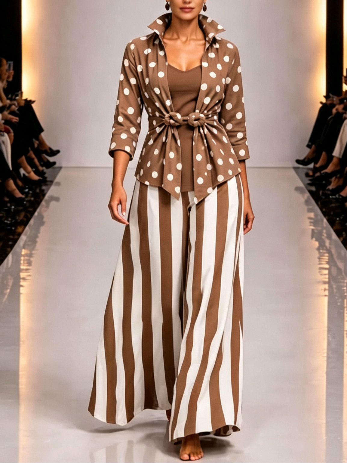 Brown polka dot shirt and polka dot trousers three-piece set