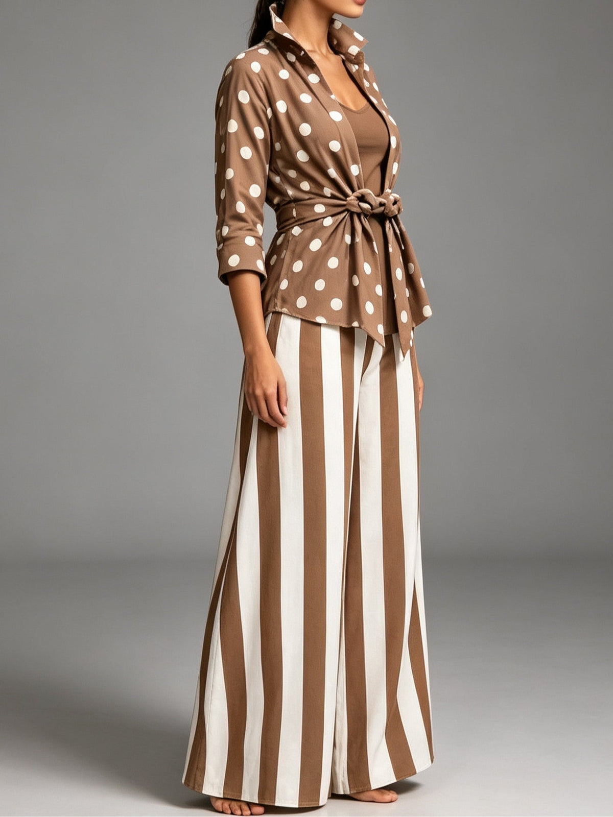 Brown polka dot shirt and polka dot trousers three-piece set