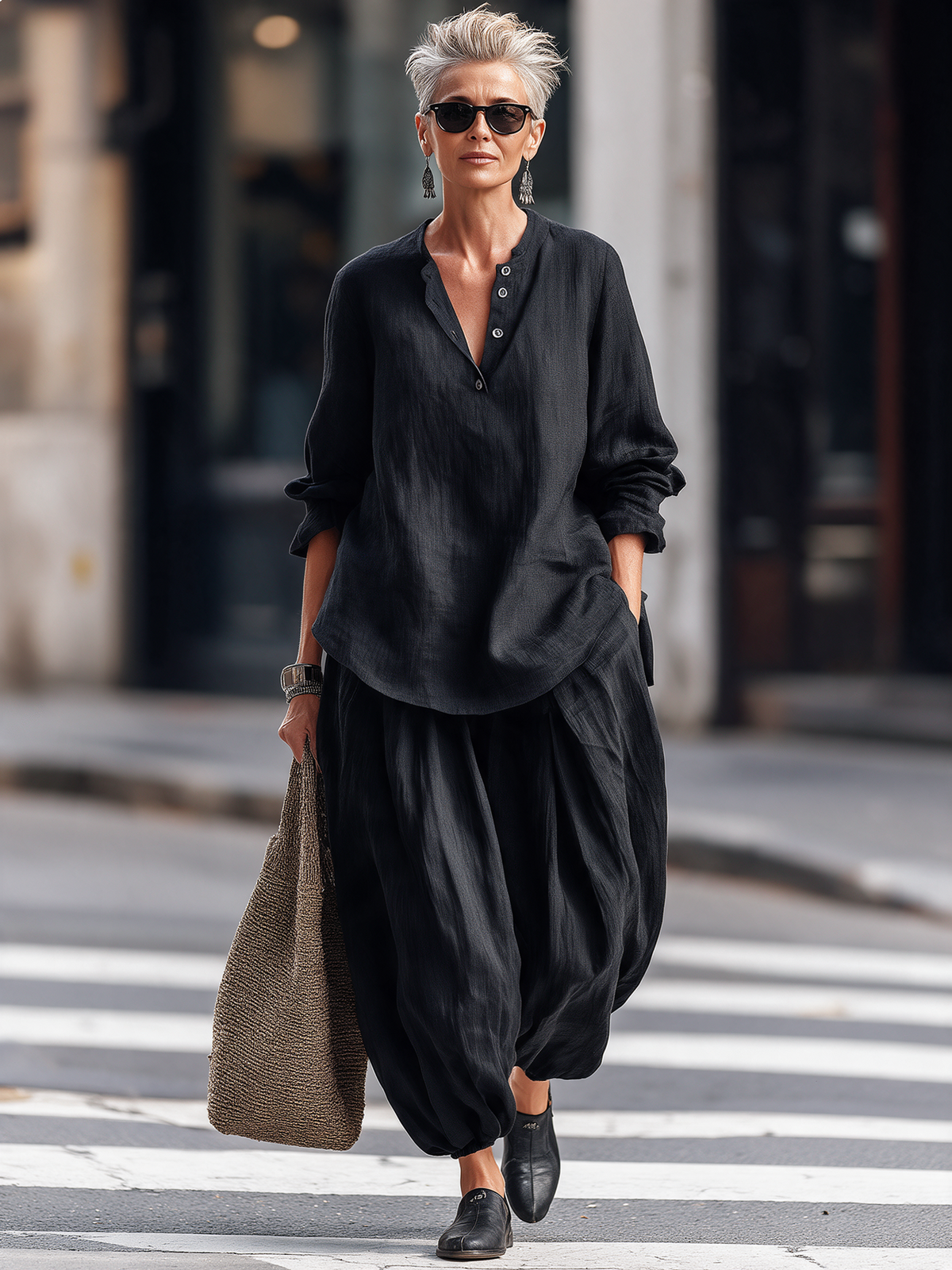 Black Cotton Linen Long Sleeve Henley Top With Lantern Harem Pants Set