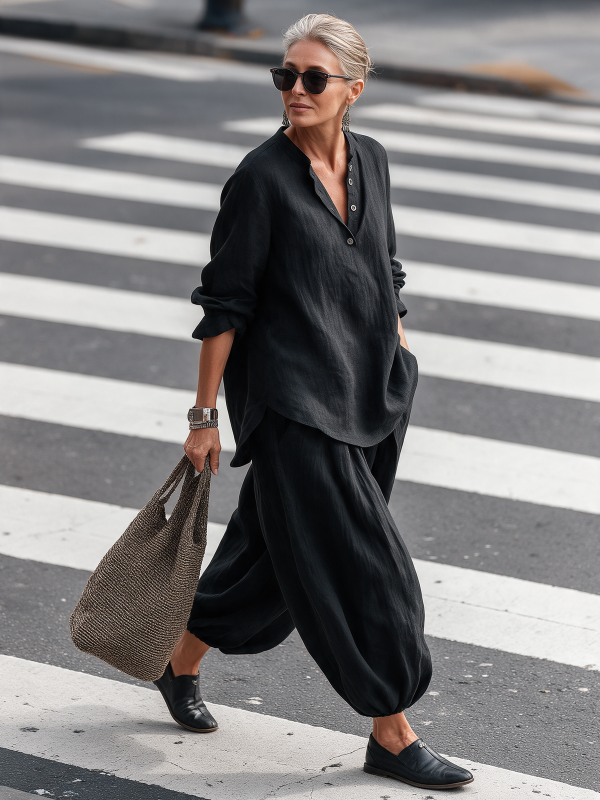Black Cotton Linen Long Sleeve Henley Top With Lantern Harem Pants Set