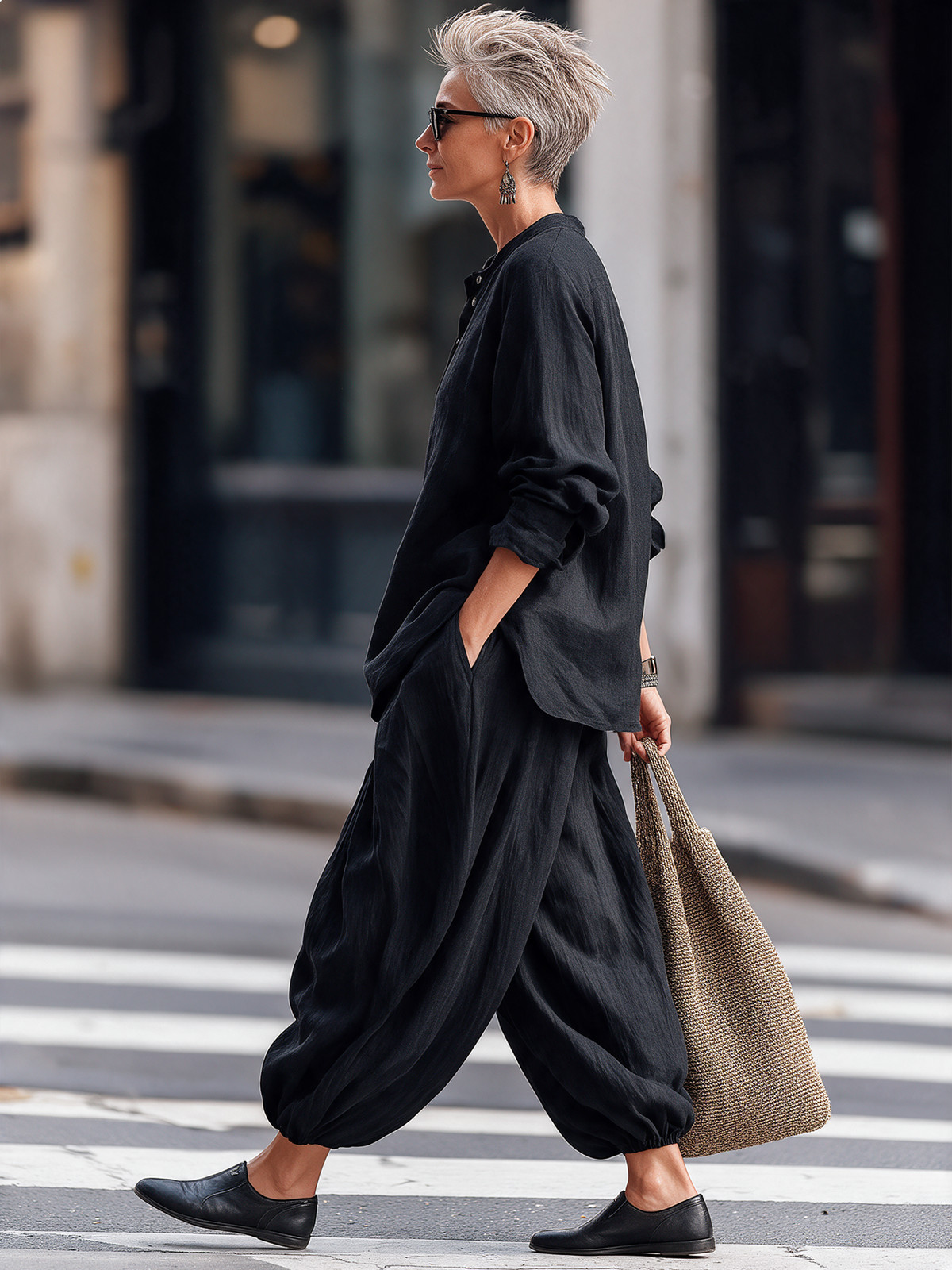 Black Cotton Linen Long Sleeve Henley Top With Lantern Harem Pants Set