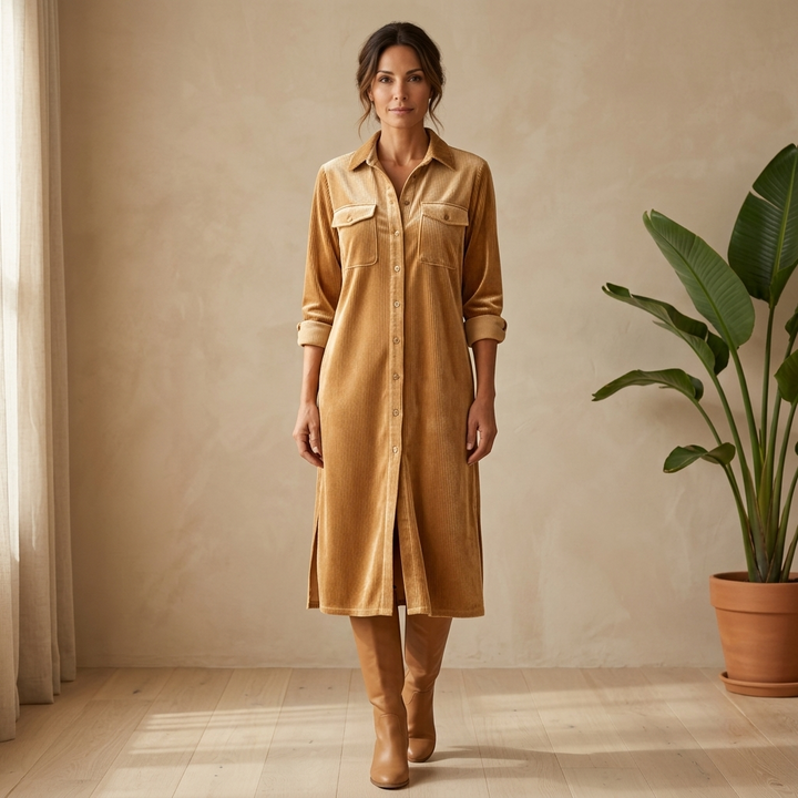 Loose Corduroy Double Chest Pocket Single Breasted Midi Dress
