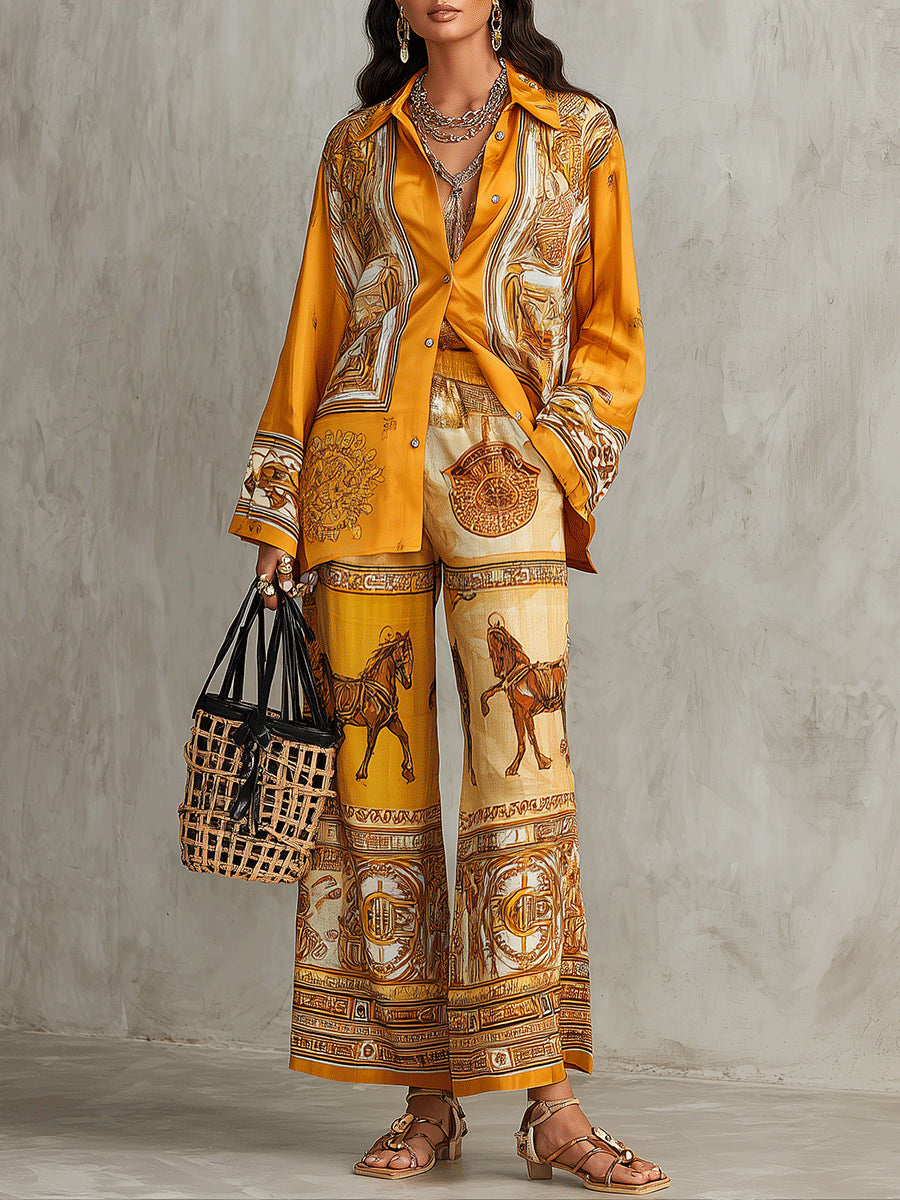 Orange Baroque Print Long Sleeve Shirt & Wide Leg Pants Two-Piece Set