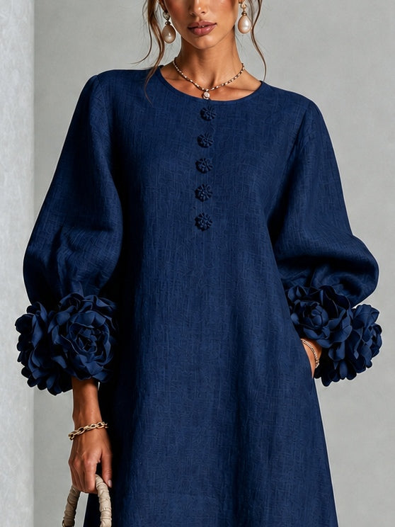Navy Floral Button-down Midi Dress With Striking Floral Cuffs