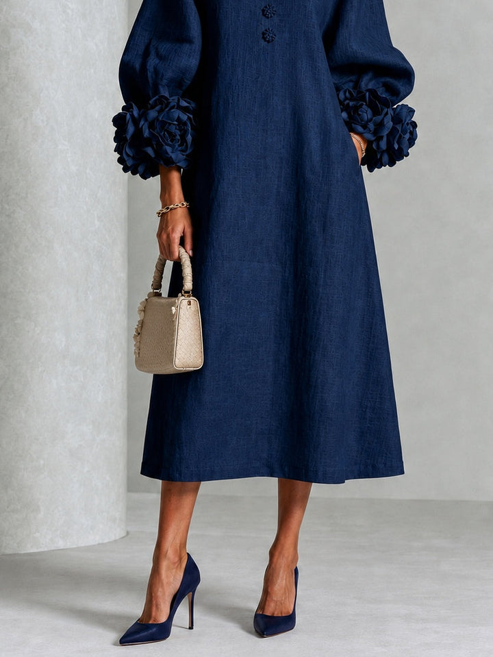 Navy Floral Button-down Midi Dress With Striking Floral Cuffs