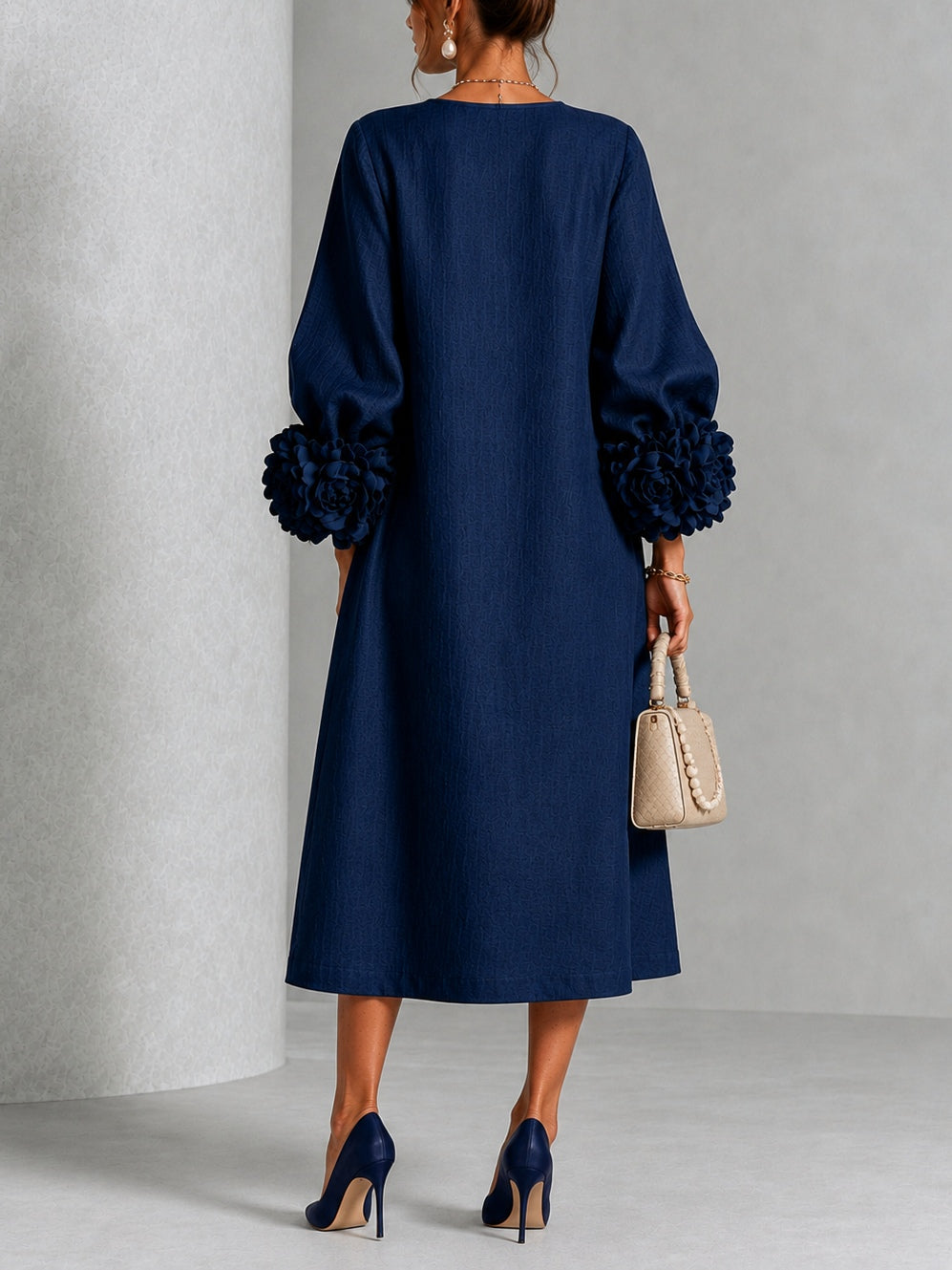 Navy Floral Button-down Midi Dress With Striking Floral Cuffs