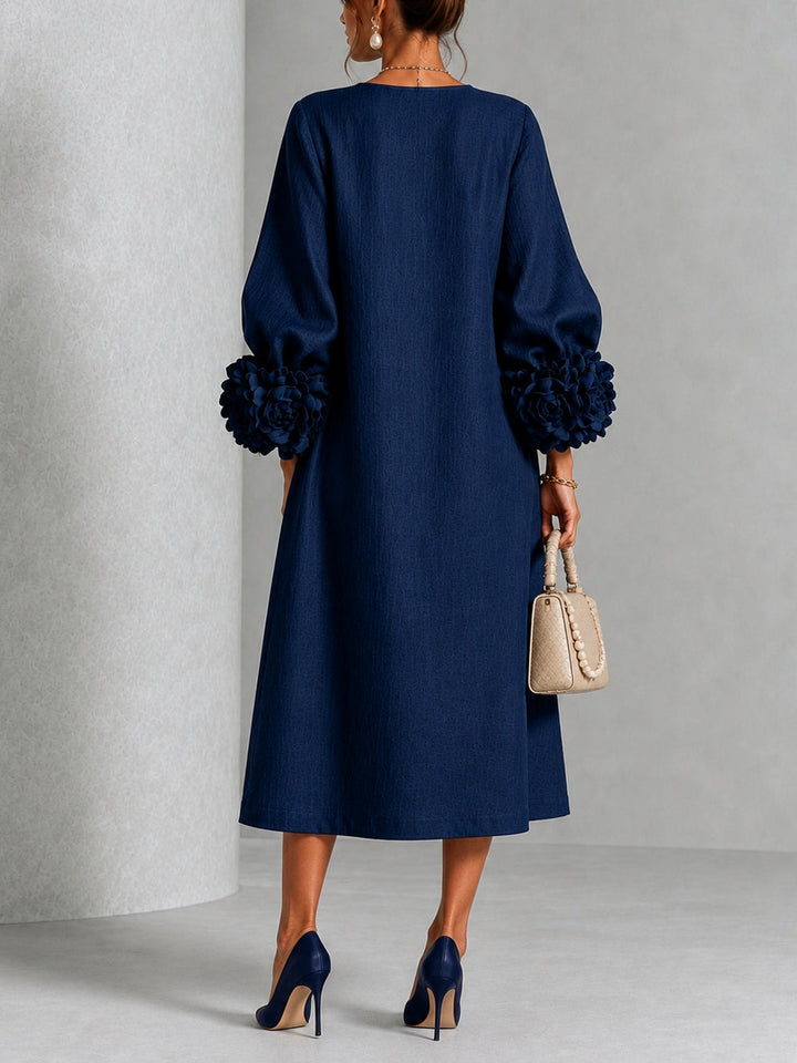 Navy Floral Button-down Midi Dress With Striking Floral Cuffs