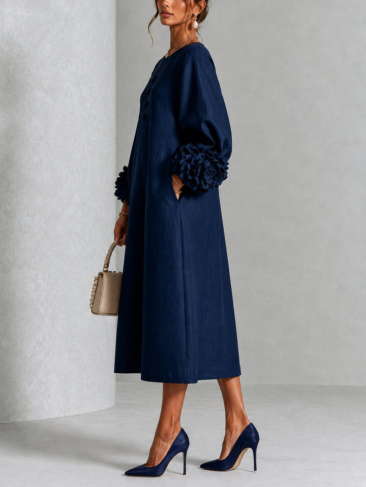 Navy Floral Button-down Midi Dress With Striking Floral Cuffs