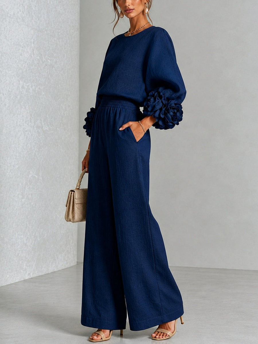 Navy Top Featuring Striking Floral Cuffs Paired With Wide-leg Pants Suit