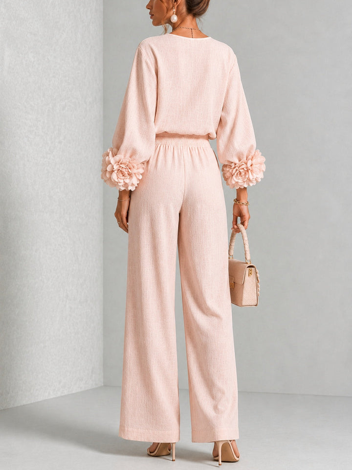 Pink Top Featuring Striking Floral Cuffs Paired With Wide-leg Pants Suit