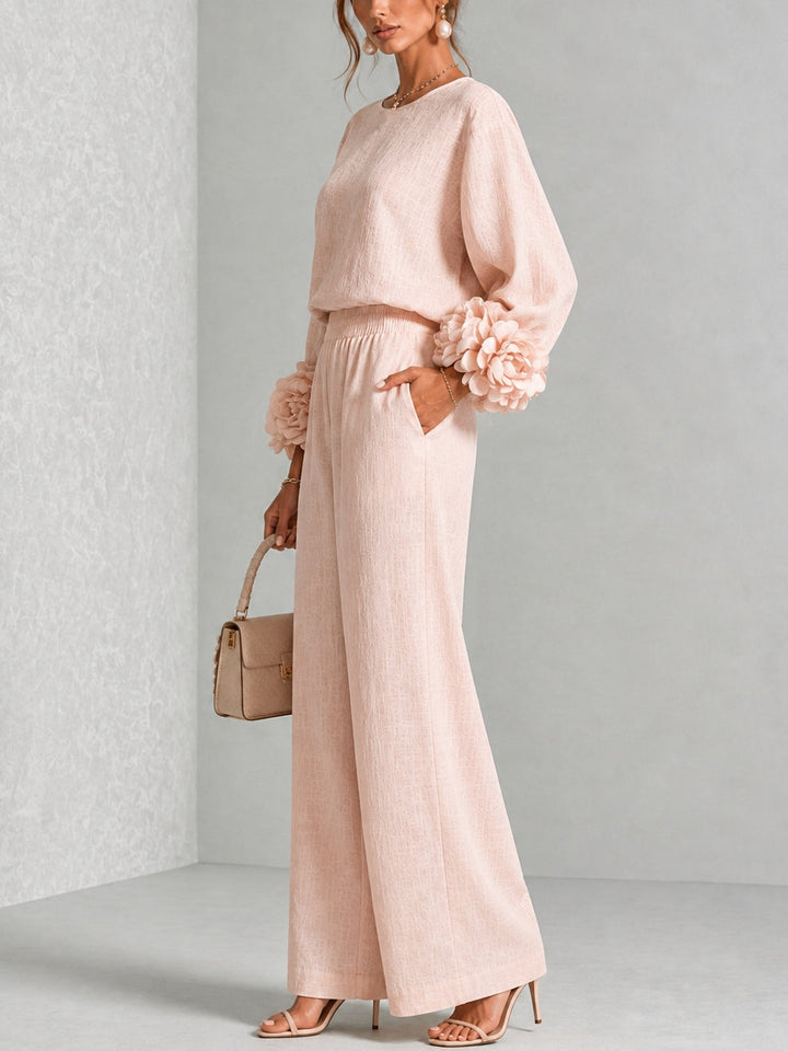 Pink Top Featuring Striking Floral Cuffs Paired With Wide-leg Pants Suit