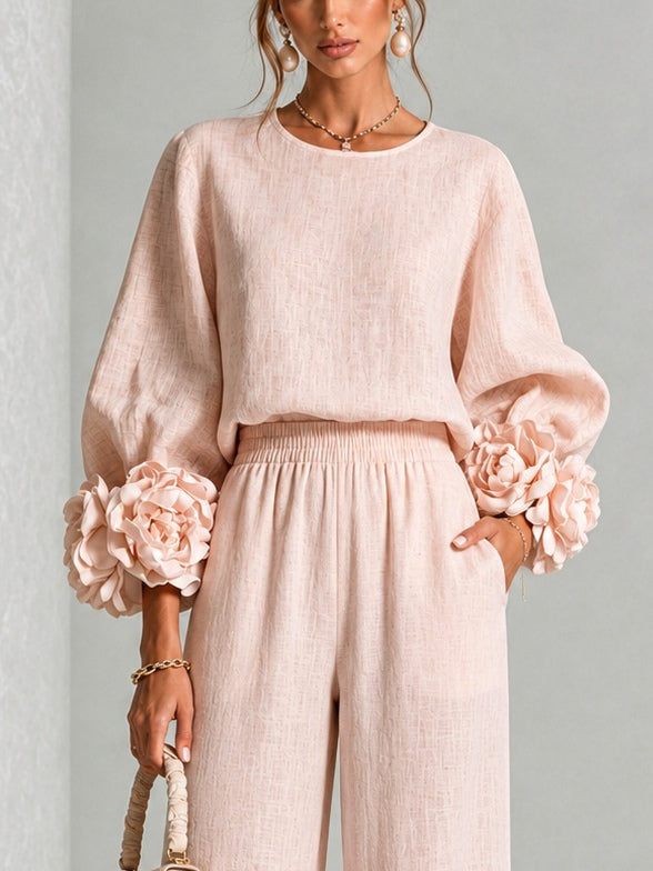 Pink Top Featuring Striking Floral Cuffs Paired With Wide-leg Pants Suit