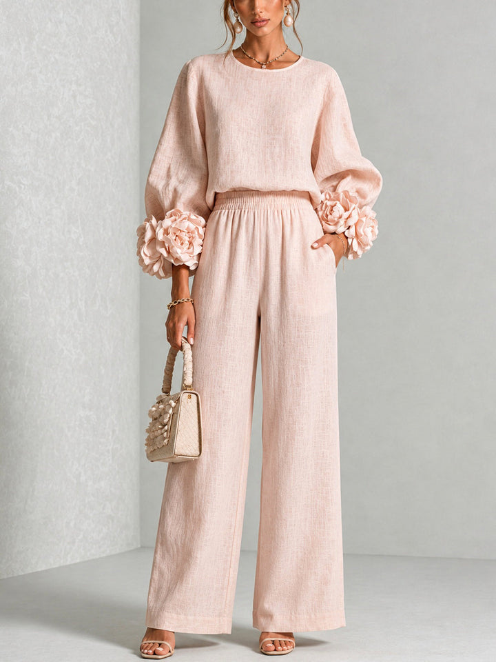 Pink Top Featuring Striking Floral Cuffs Paired With Wide-leg Pants Suit
