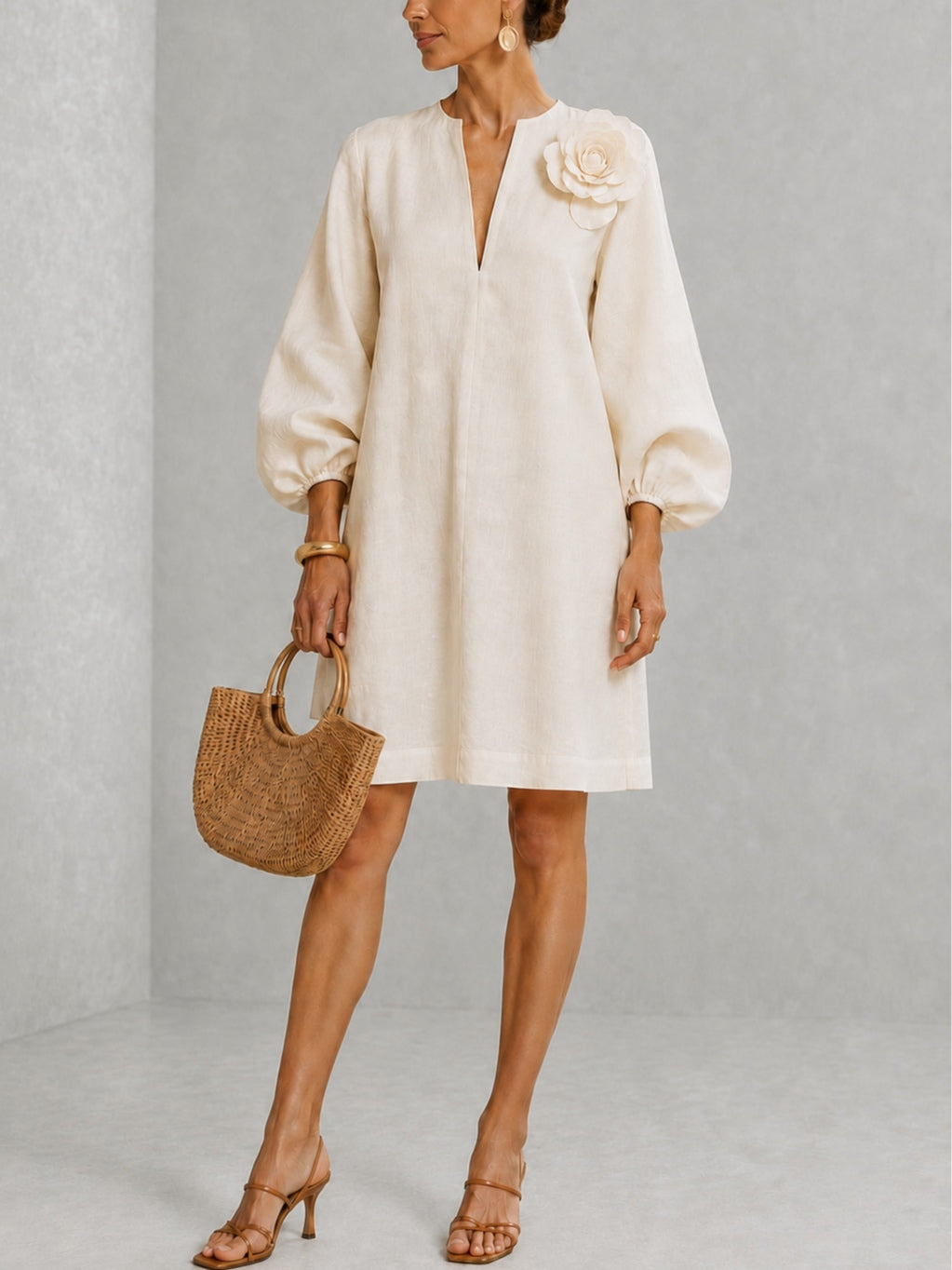 White V-neck Lantern-sleeve Mini Dress Featuring Striking Floral