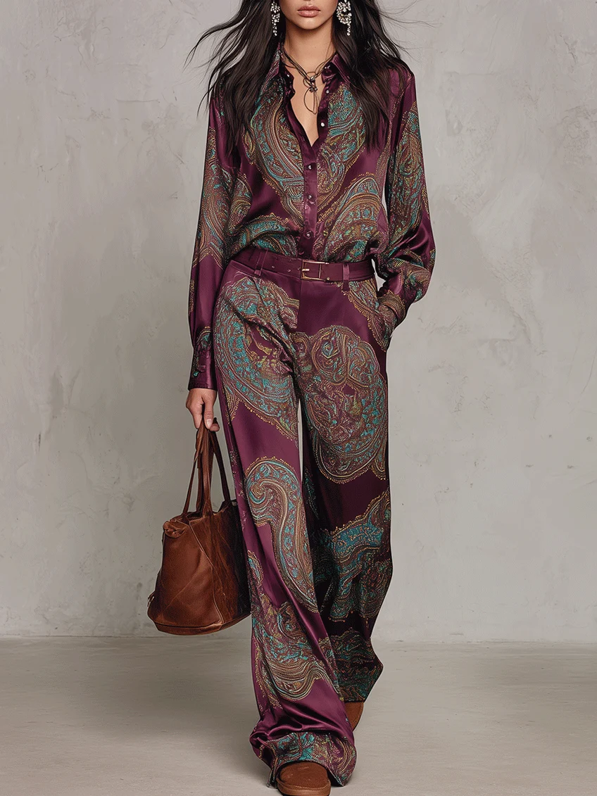 Burgundy-purple Paisley Print Satin Long-sleeve Shirt And Wide-leg Trousers Set (with belt)