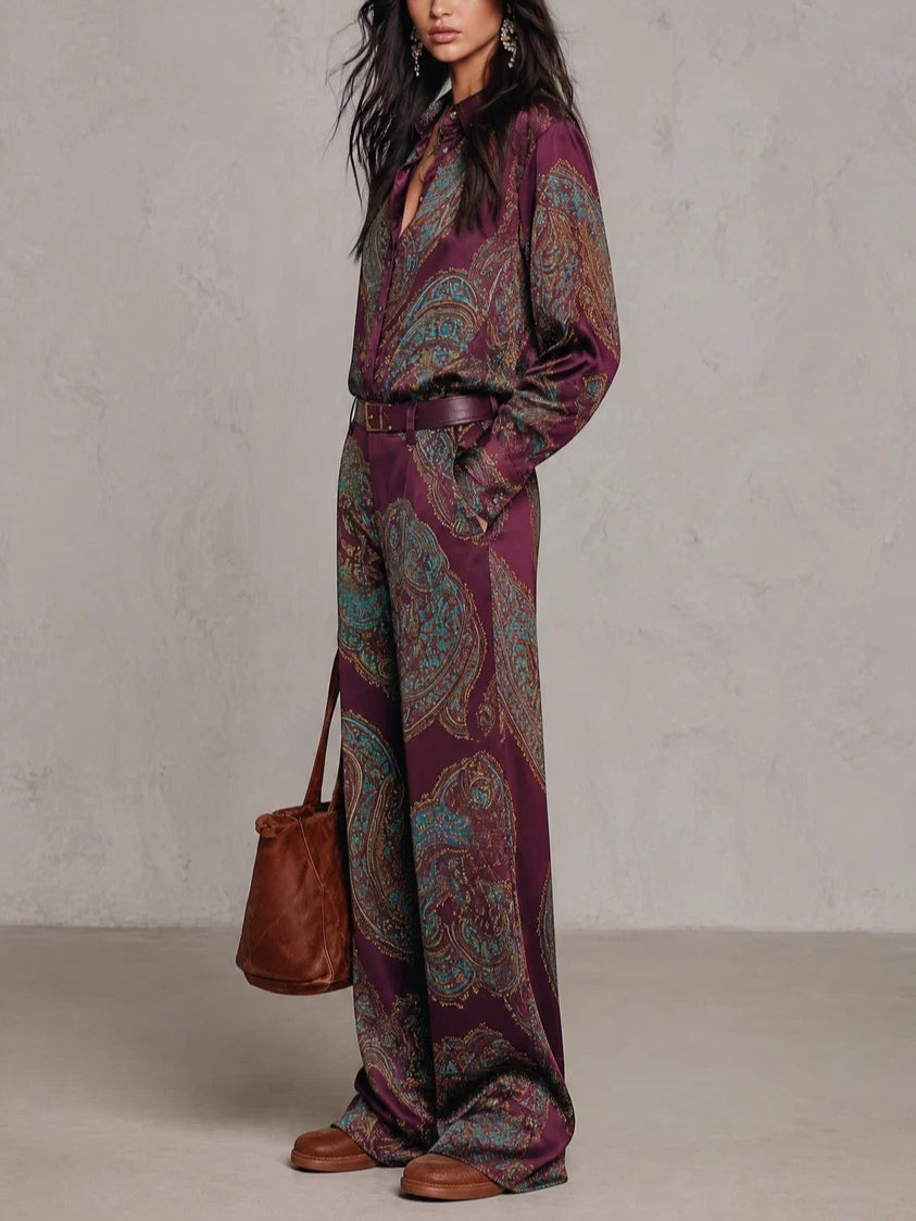 Burgundy-purple Paisley Print Satin Long-sleeve Shirt And Wide-leg Trousers Set (with belt)