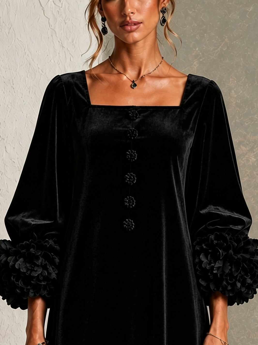 Black Velvet Button-front Mini Dress Featuring Striking Floral Cuffs