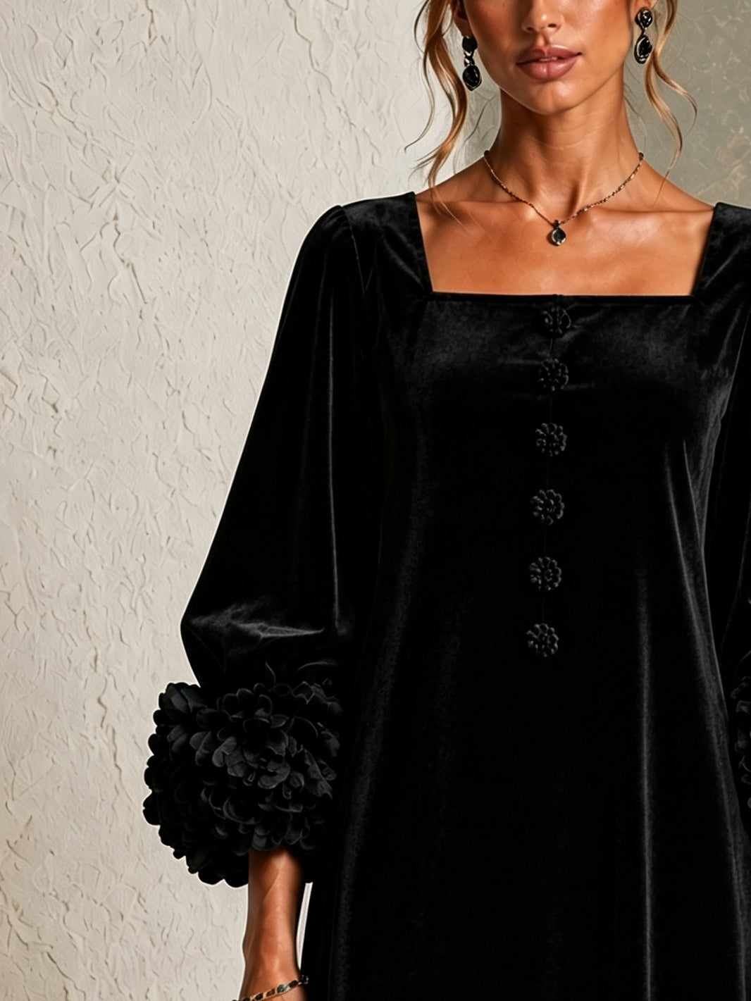 Black Velvet Button-front Mini Dress Featuring Striking Floral Cuffs