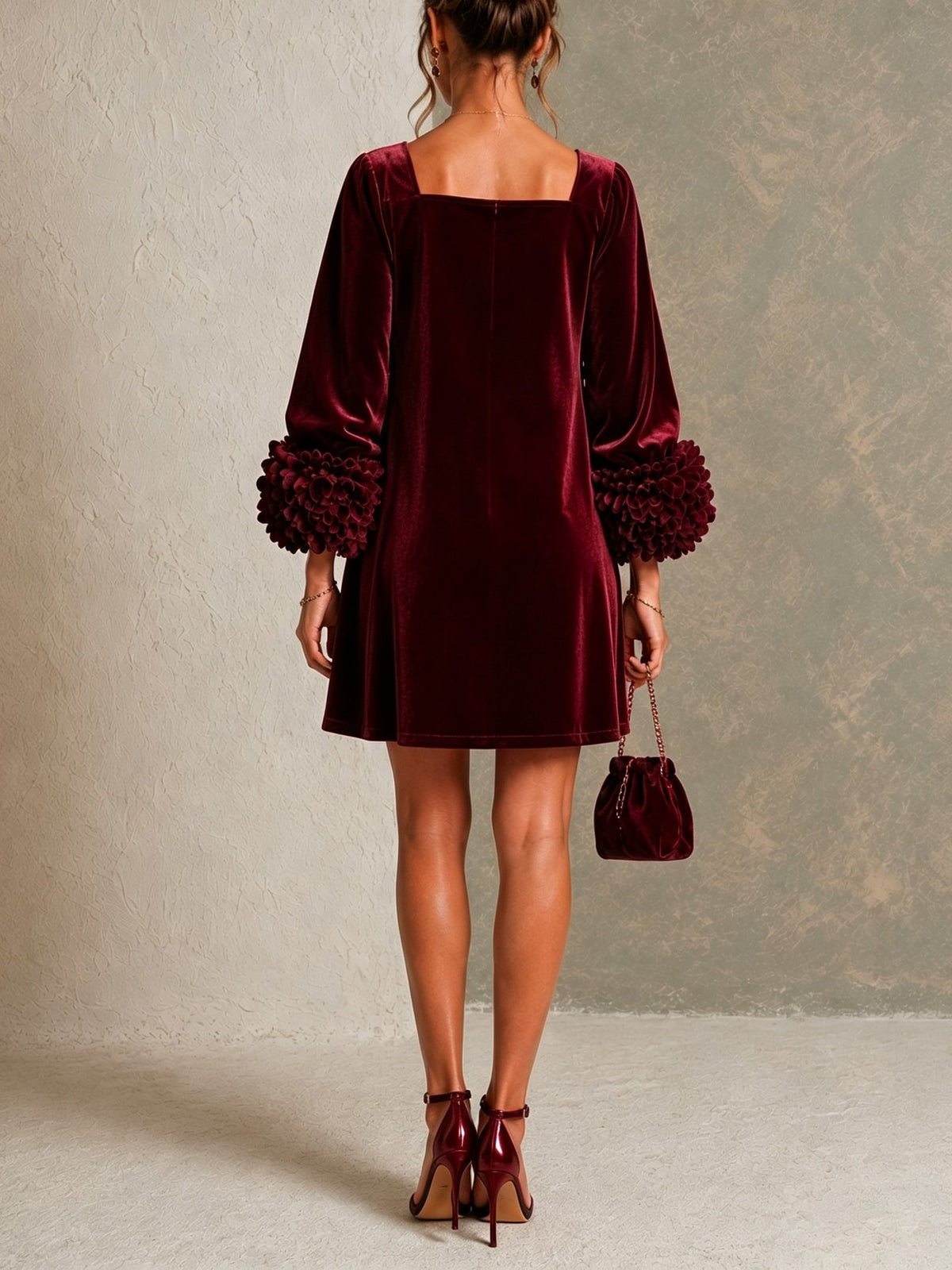 Burgundy Velvet Button-front Mini Dress Featuring Striking Floral Cuffs