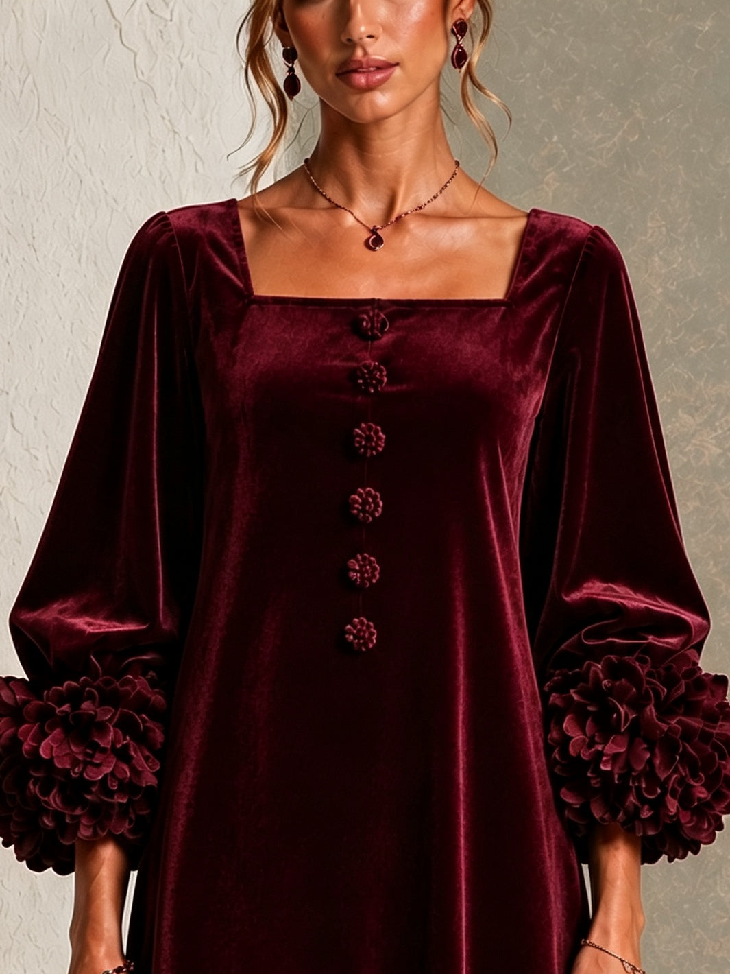 Burgundy Velvet Button-front Mini Dress Featuring Striking Floral Cuffs