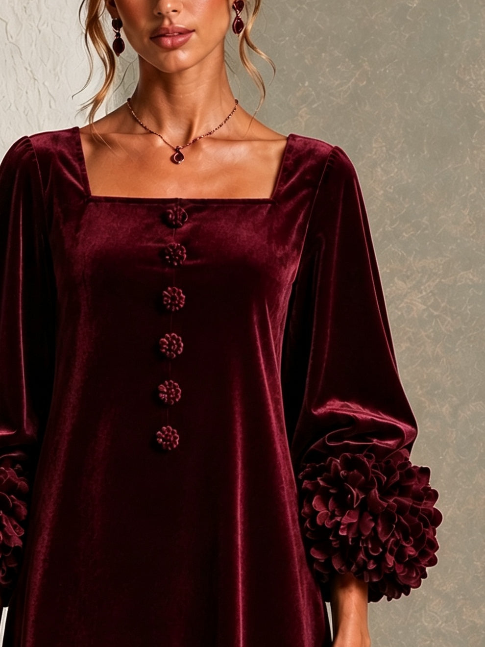 Burgundy Velvet Button-front Mini Dress Featuring Striking Floral Cuffs
