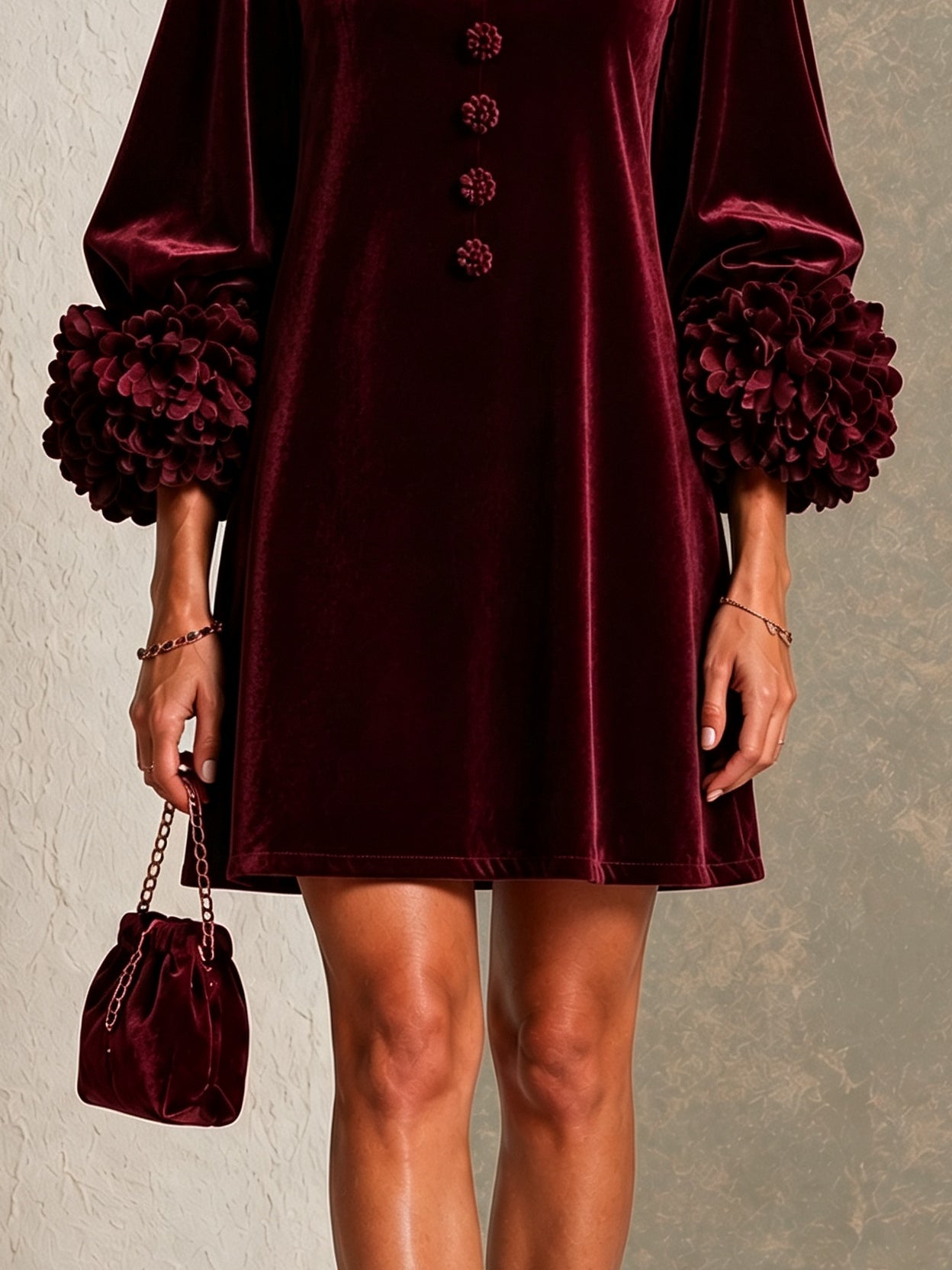 Burgundy Velvet Button-front Mini Dress Featuring Striking Floral Cuffs
