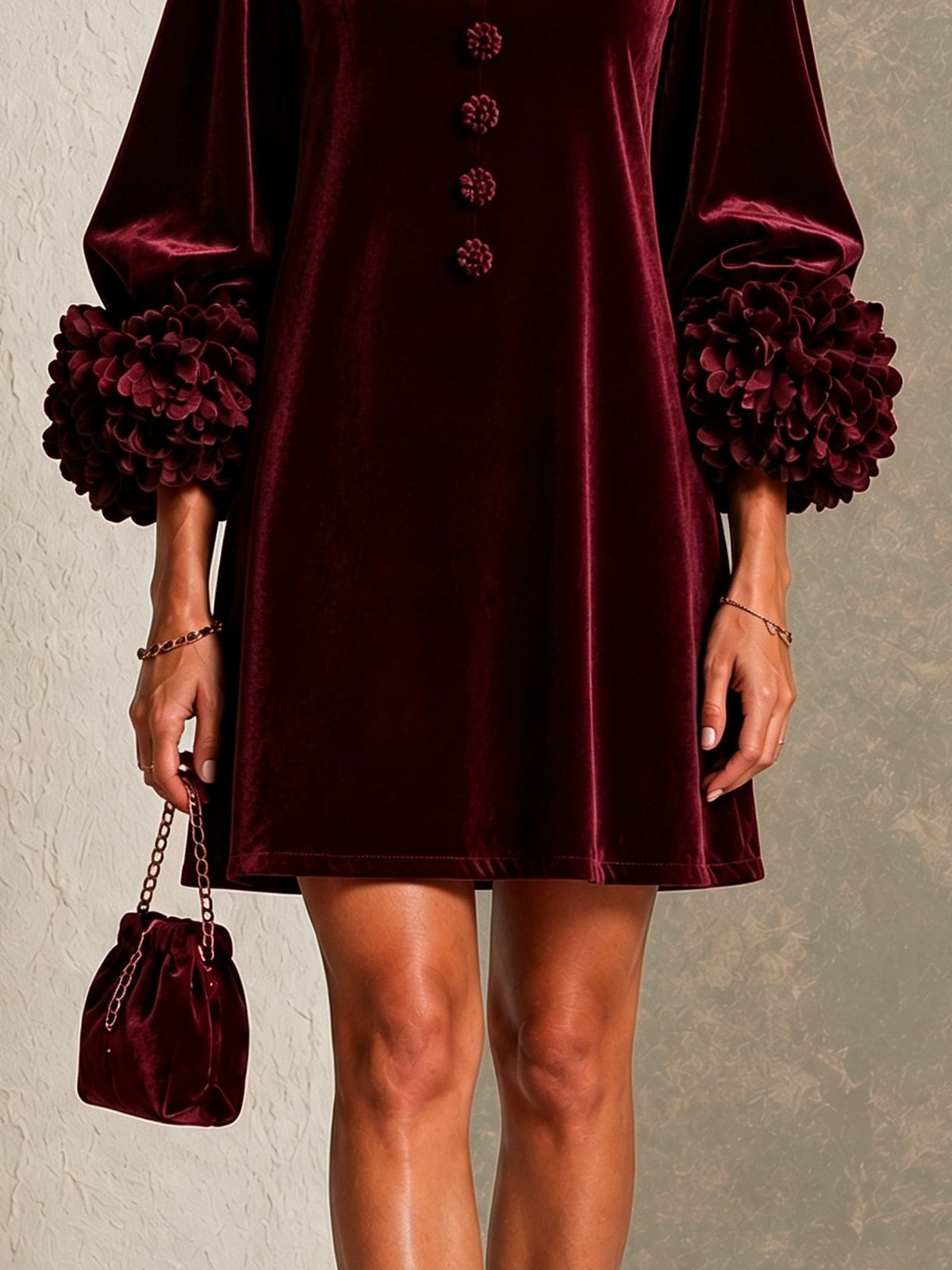 Burgundy Velvet Button-front Mini Dress Featuring Striking Floral Cuffs