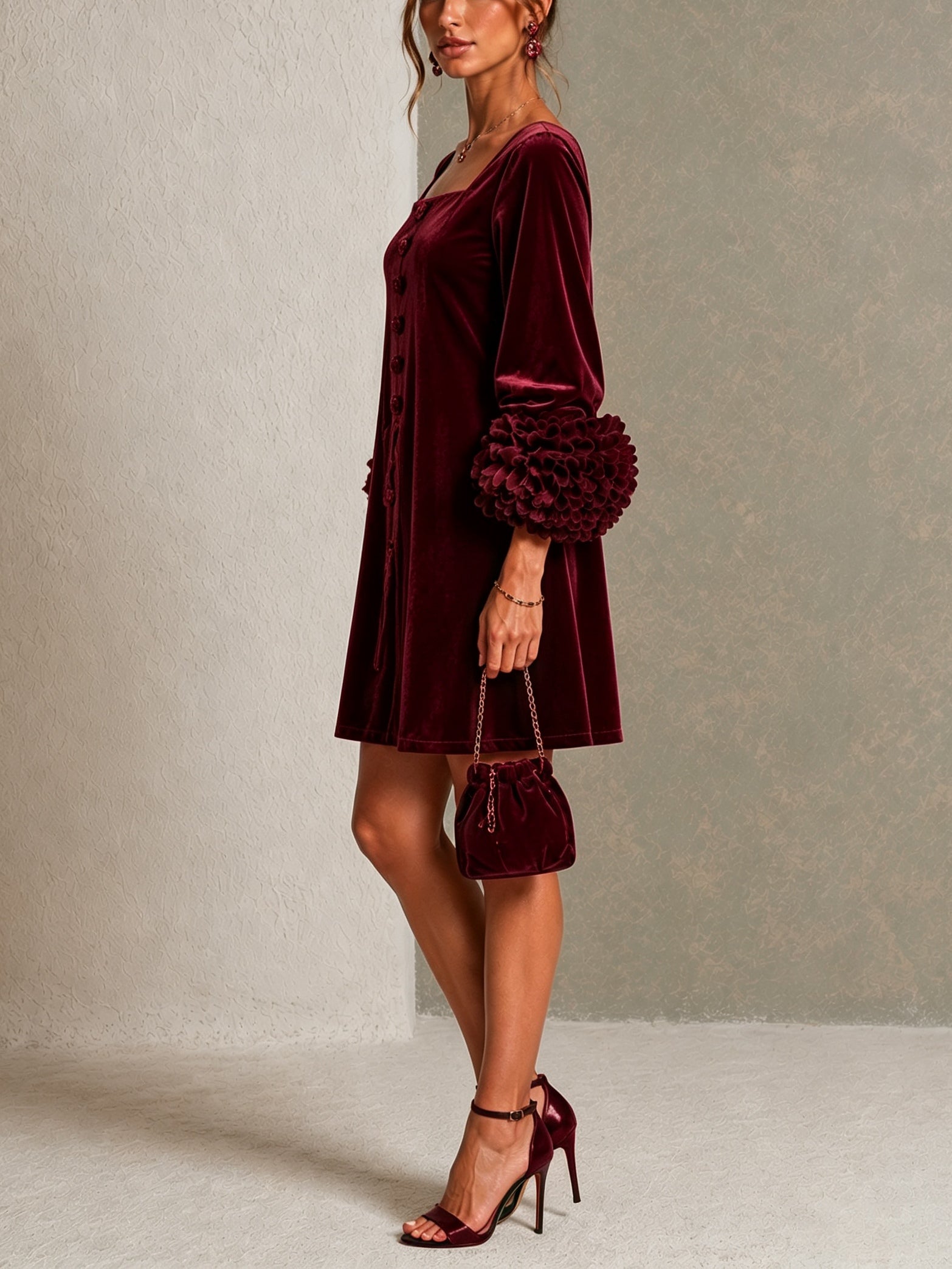 Burgundy Velvet Button-front Mini Dress Featuring Striking Floral Cuffs