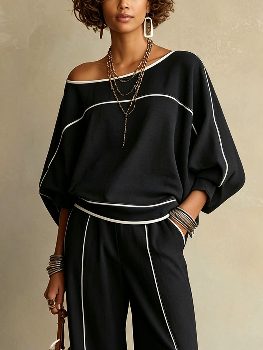 Black White Color-block Trim Off-shoulder Top and Wide-leg Pants Casual Two-piece Set