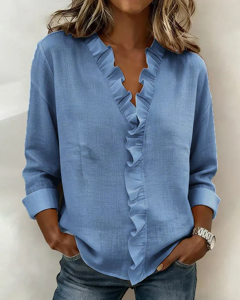 Indie | Blouse with Ruffles V-Neck and Long Sleeves