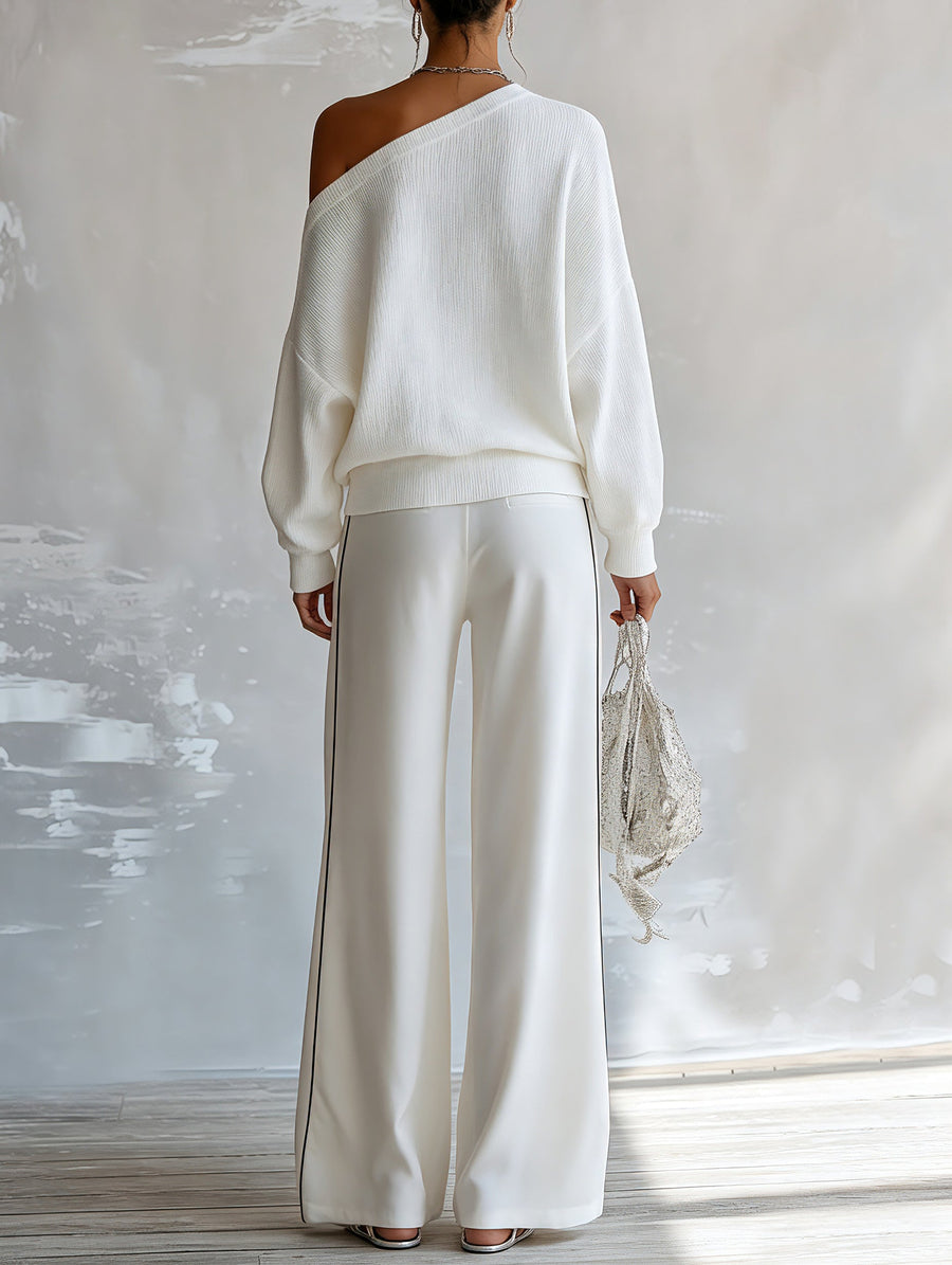 Women Waffle Knit Off‑Shoulder Star Top & Contrast Piping Wide Leg Pants Two‑Piece Set