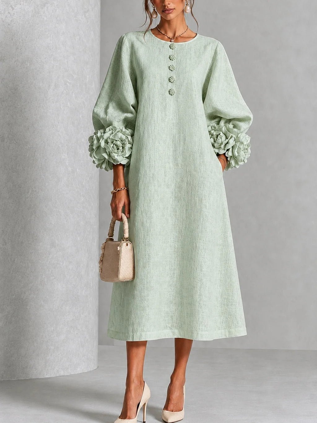 Pink Floral Button-down Midi Dress With Striking Floral Cuffs