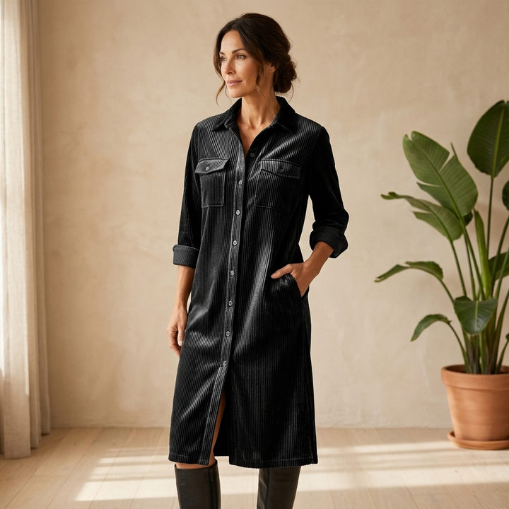 Loose Corduroy Double Chest Pocket Single Breasted Midi Dress