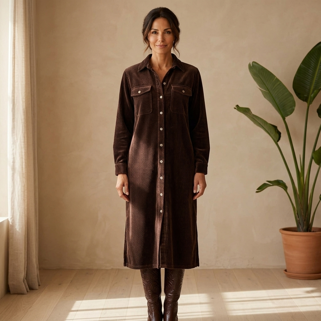 Loose Corduroy Double Chest Pocket Single Breasted Midi Dress