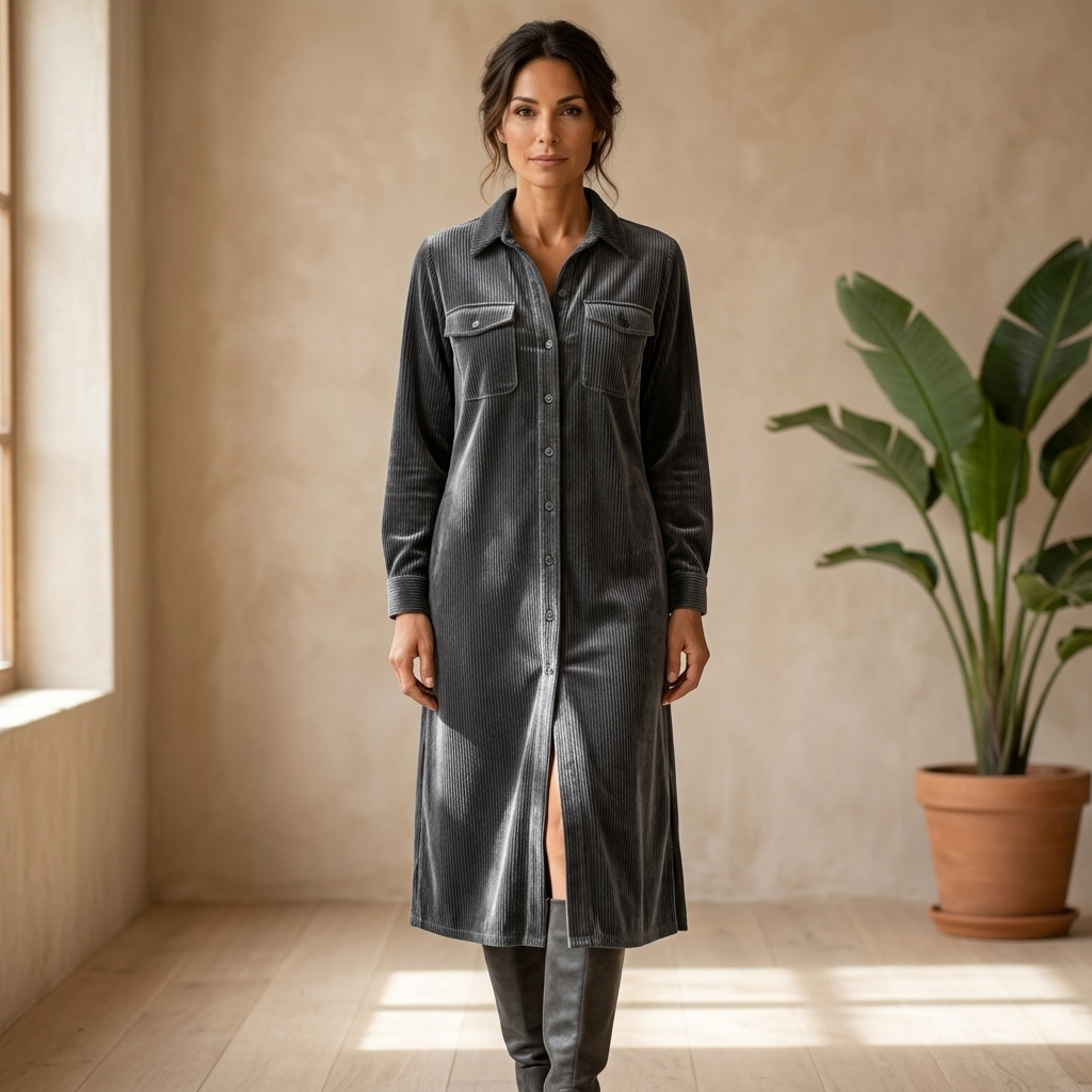 Loose Corduroy Double Chest Pocket Single Breasted Midi Dress
