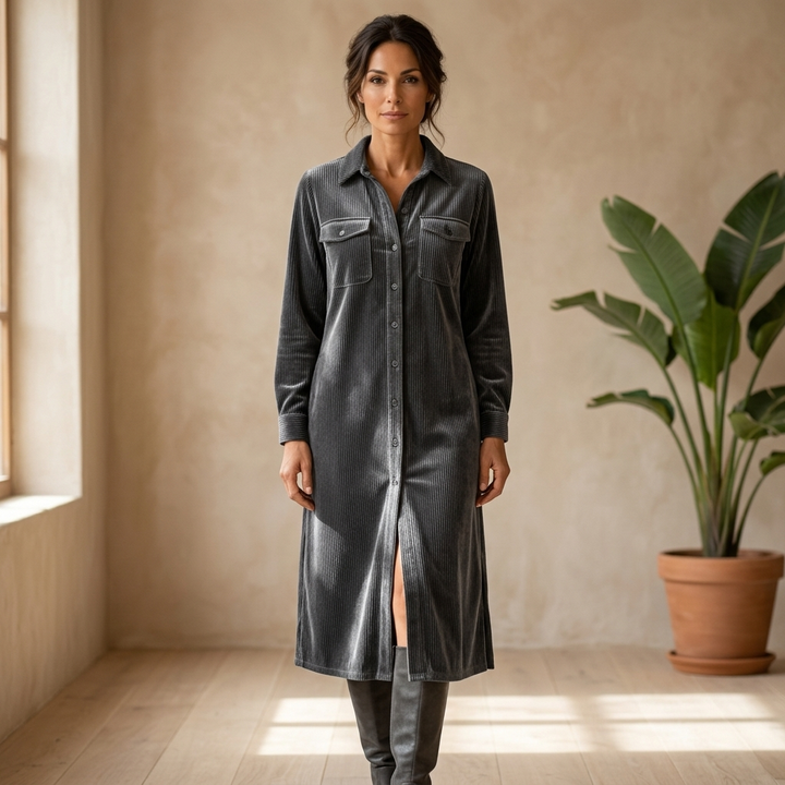 Loose Corduroy Double Chest Pocket Single Breasted Midi Dress